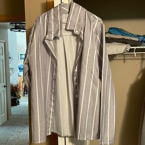 Light grey/blue striped button-up. Size medium